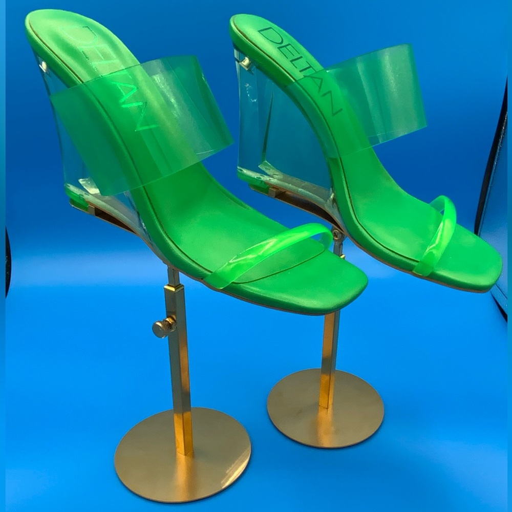DELTAN Neon Green Clear Wedge Heels | Transparent Strap | Size 9.5